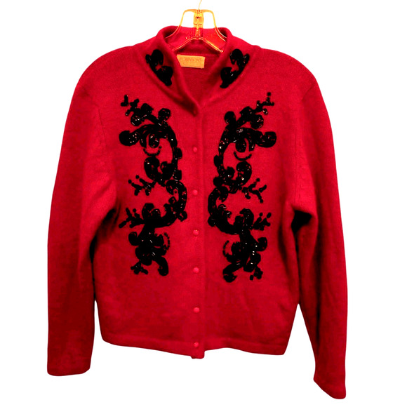 Beaded Vintage SILK ANGORA Cardigan Sz MP Red Black Sequin Soft Sweater Party - Picture 1 of 16